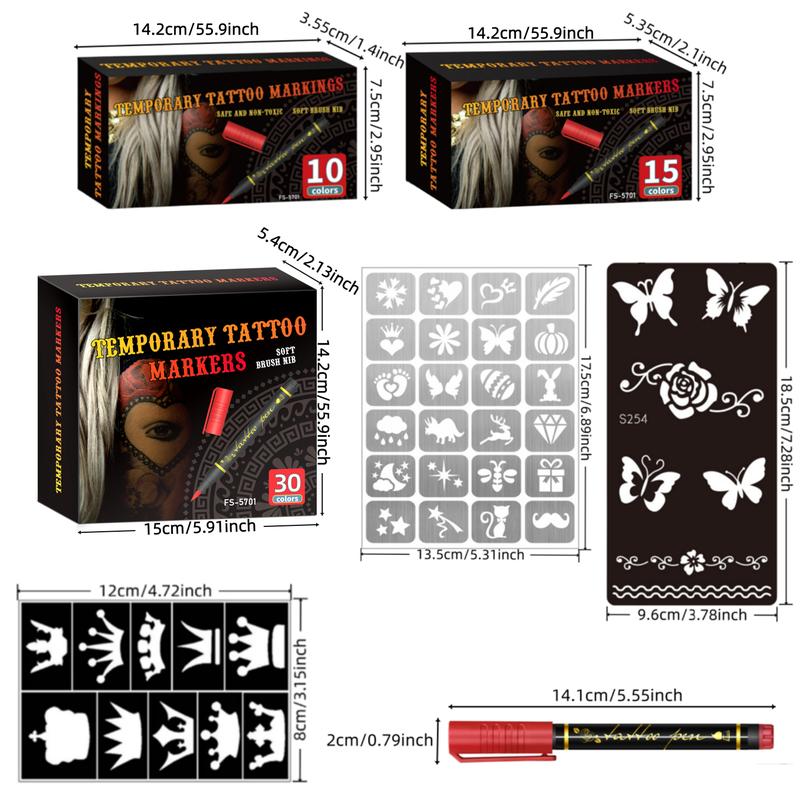 Cosmetic Grade Temporary Tattoo Markers for Skin, 10/15/30 Vibrant Colors Flexible Brush Tip Pens, 30 Colors+12 Stencils, High Detail, Face Makeup Halloween, None Toxic, Office Stationery Writing Tool