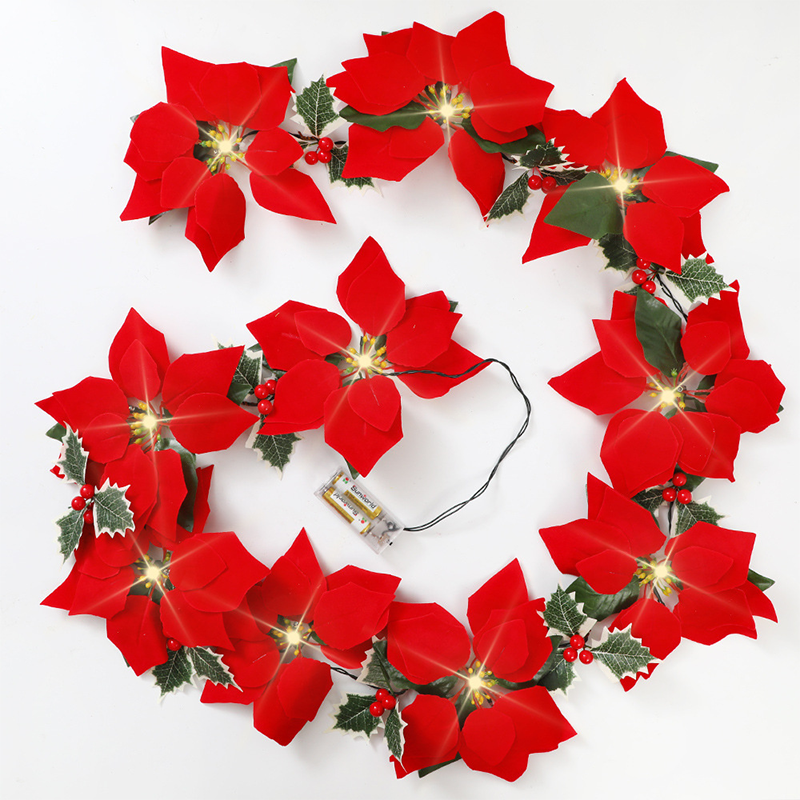❄️Summerfresh 50% OFF!🎄Light-Up Poinsettia Christmas Garland – Warm Festive Glow Without a Wall Socket