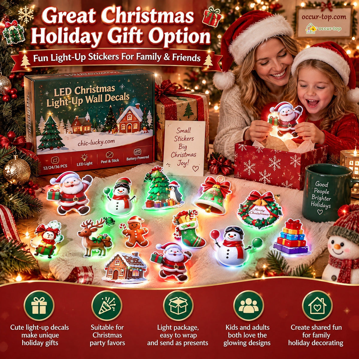 🎄50% OFF NOW! LED Christmas Light-Up Wall Decals, Battery Powered Peel and Stick Glowing Xmas Stickers, Luminous Window Wall Decor, Holiday Party Ornaments & Christmas Gift