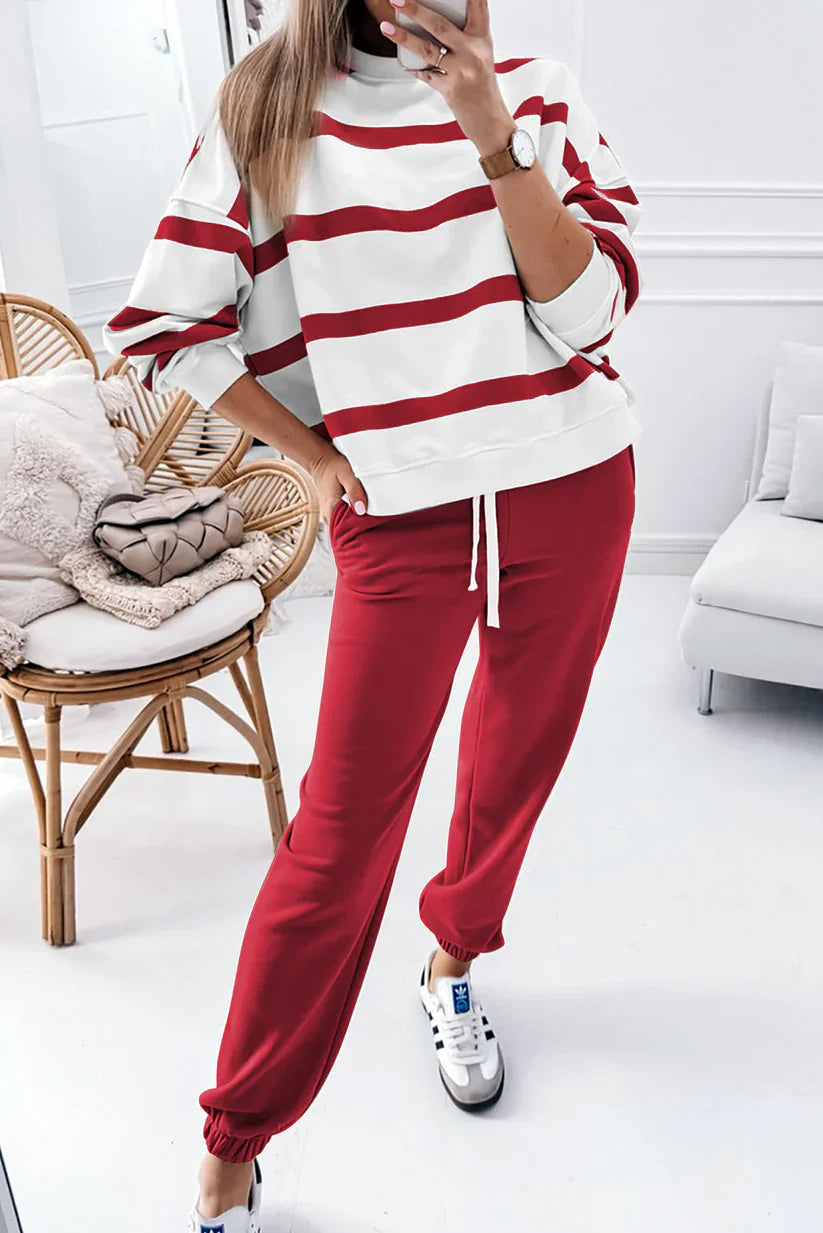Last Day Sale💕Women's Stripe Drop Shoulder Pullover and Jogger Pants Set✨