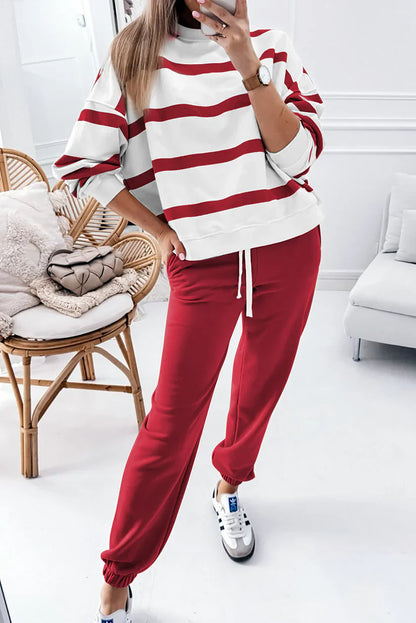 Last Day Sale💕Women's Stripe Drop Shoulder Pullover and Jogger Pants Set✨