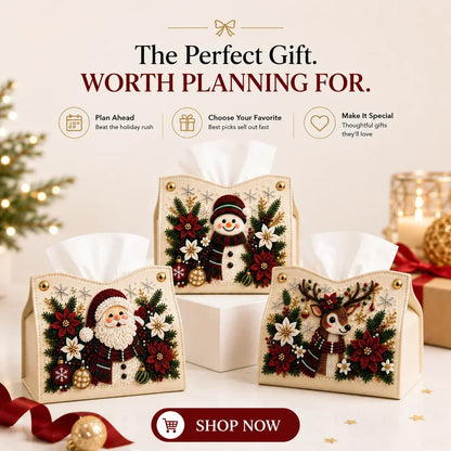 🎄✨ Decorative Beaded Christmas Tissue Box Cover – Elegant Santa, Snowman & Reindeer Holiday Decor