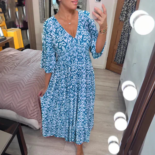 💥Limited time special price ￡13.99!💐✨Bohemian casual print V-neck waist wrap long dress
