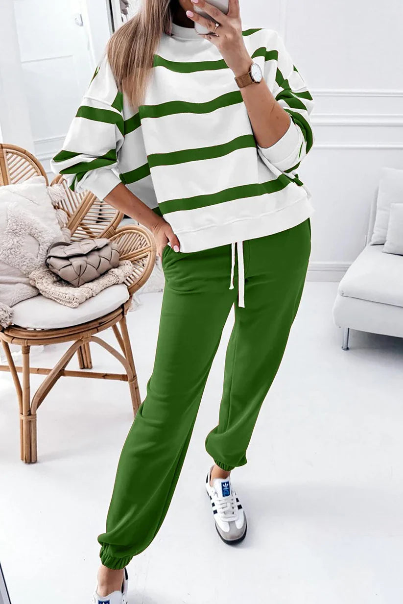 Last Day Sale💕Women's Stripe Drop Shoulder Pullover and Jogger Pants Set✨