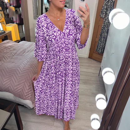 💥Limited time special price ￡13.99!💐✨Bohemian casual print V-neck waist wrap long dress