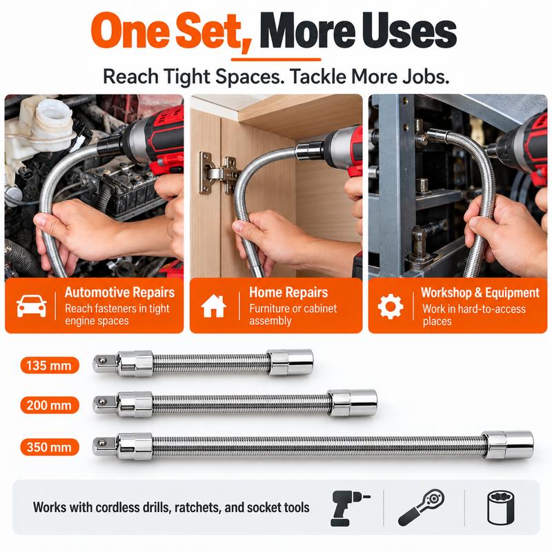 1/2 Inch 35cm Multifunctional Socket Wrench Set - 3 Bendable Shafts, Wrench Extender, Connecting Rod - Work Tools, Cars Accessories, Car Stuff, Field Mechanic Tools