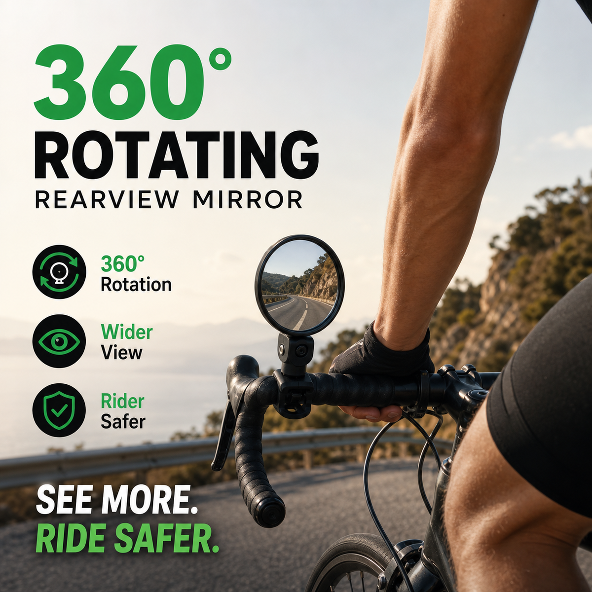 ⏳🔥LIMITED-TIME 50% OFF! ⏰360° Rotating Rearview Mirror – Clear view behind, no more neck twisting. Fits bikes, e‑bikes & motorcycles. Tool‑free silicone strap! 🛡️✨
