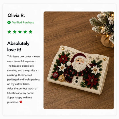 🎄✨ Decorative Beaded Christmas Tissue Box Cover – Elegant Santa, Snowman & Reindeer Holiday Decor