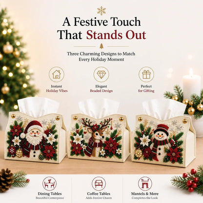 🎄✨ Decorative Beaded Christmas Tissue Box Cover – Elegant Santa, Snowman & Reindeer Holiday Decor