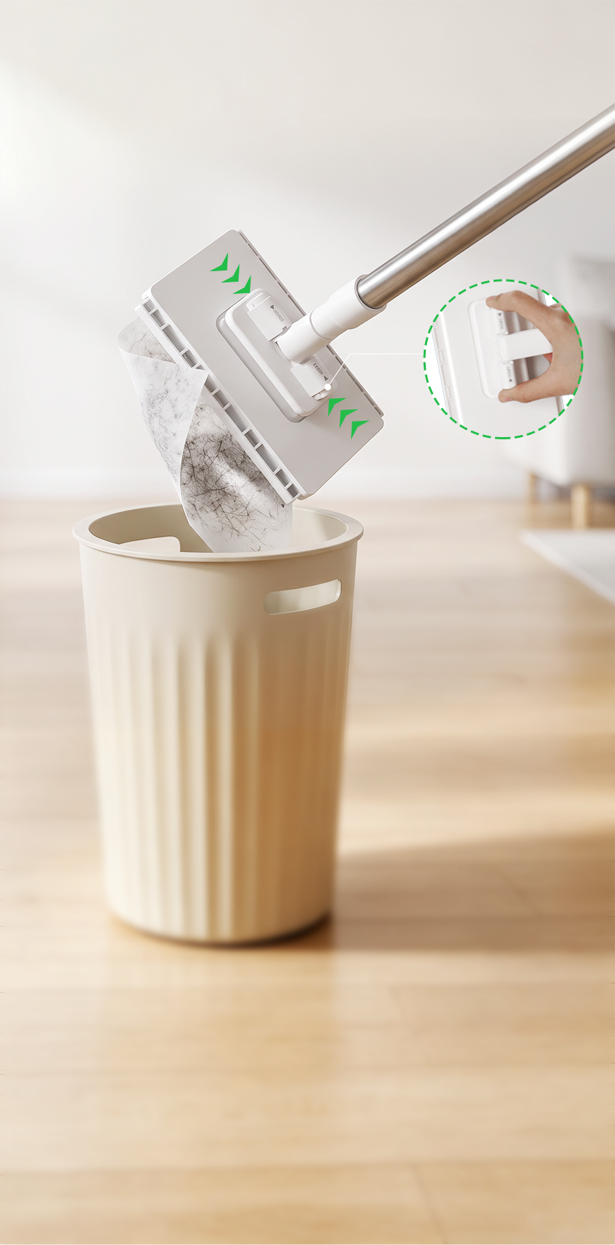 One-click cloth release over a bin