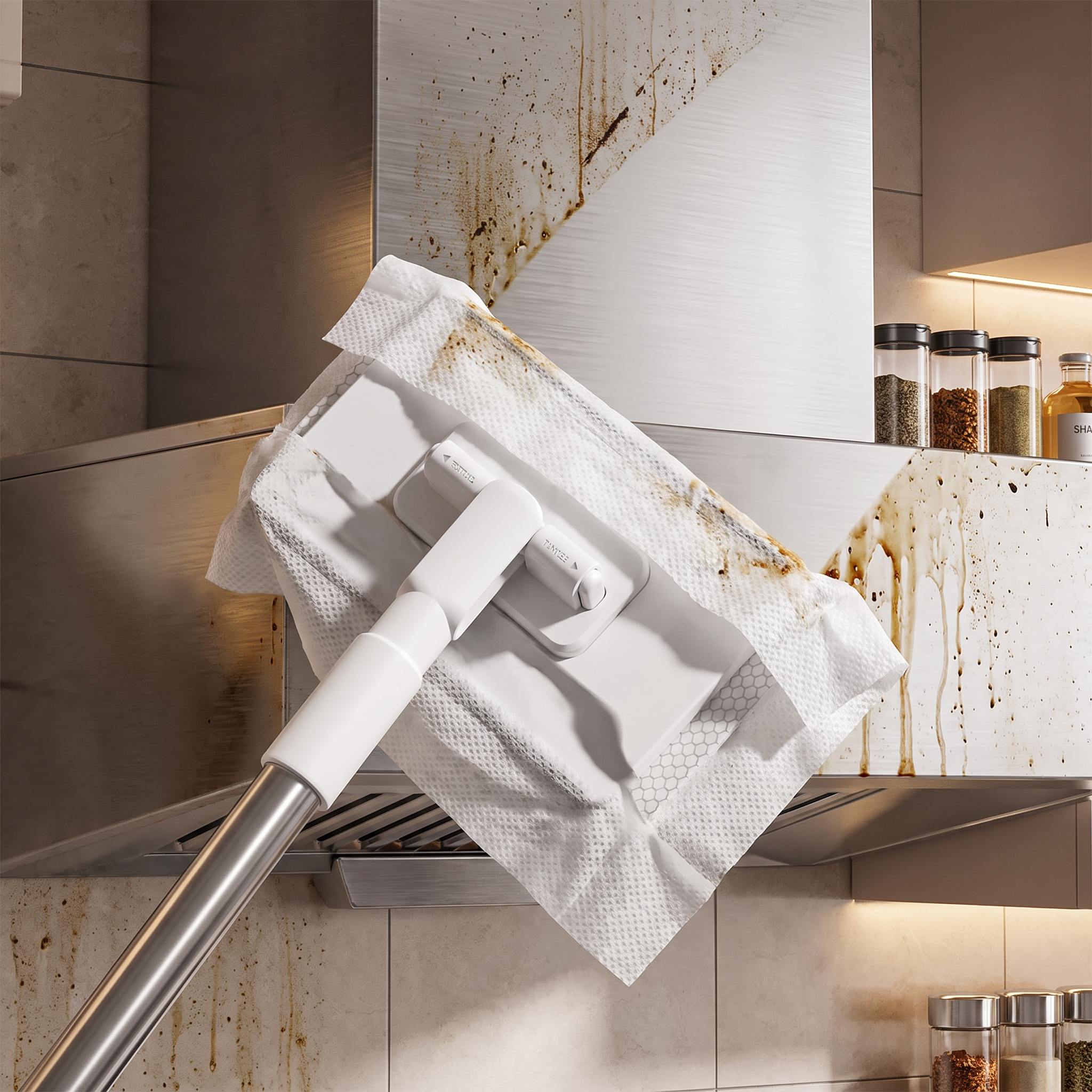 Dust mop cleaning a kitchen wall