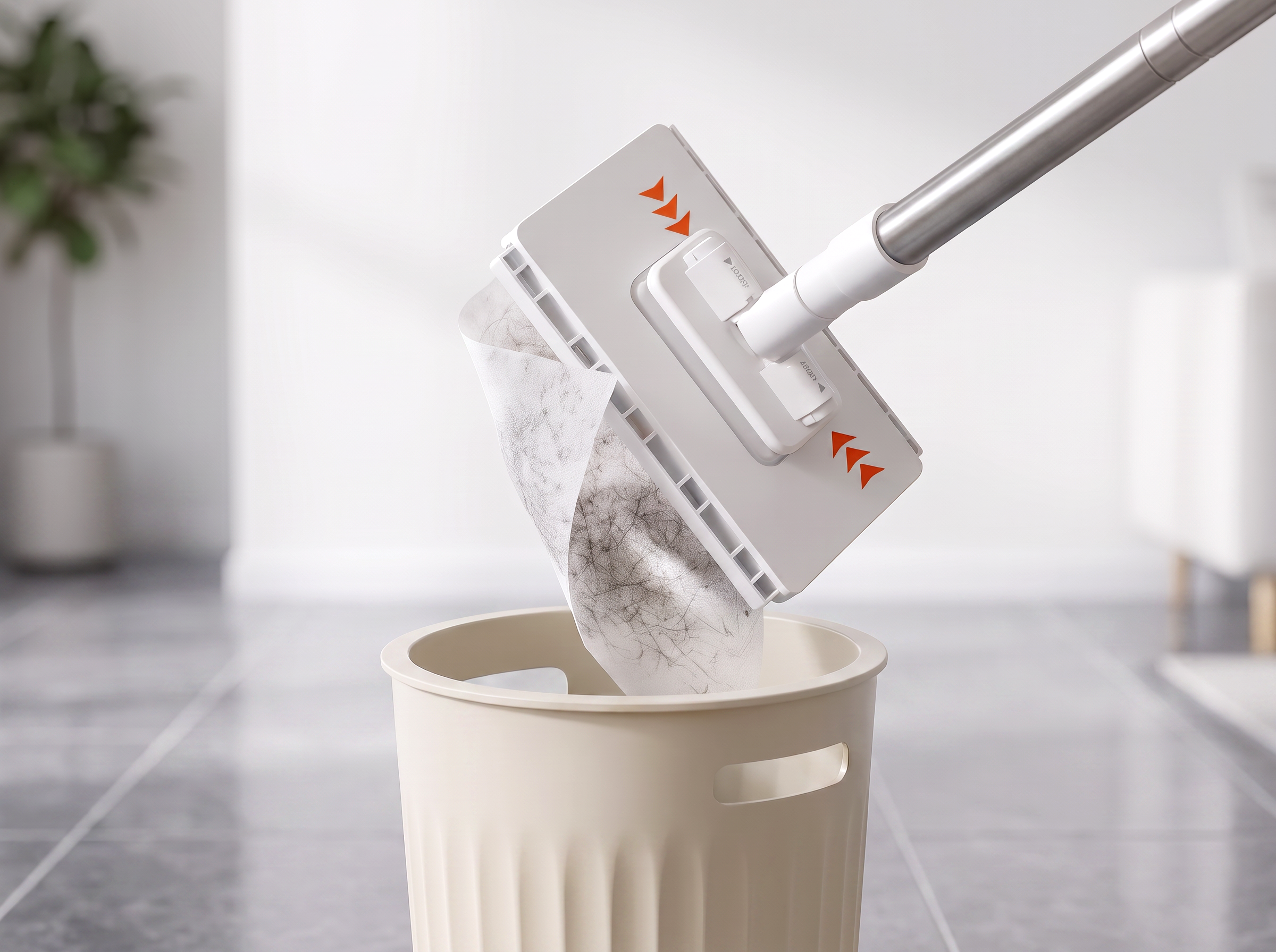 Dust mop releasing a used cloth into a bin