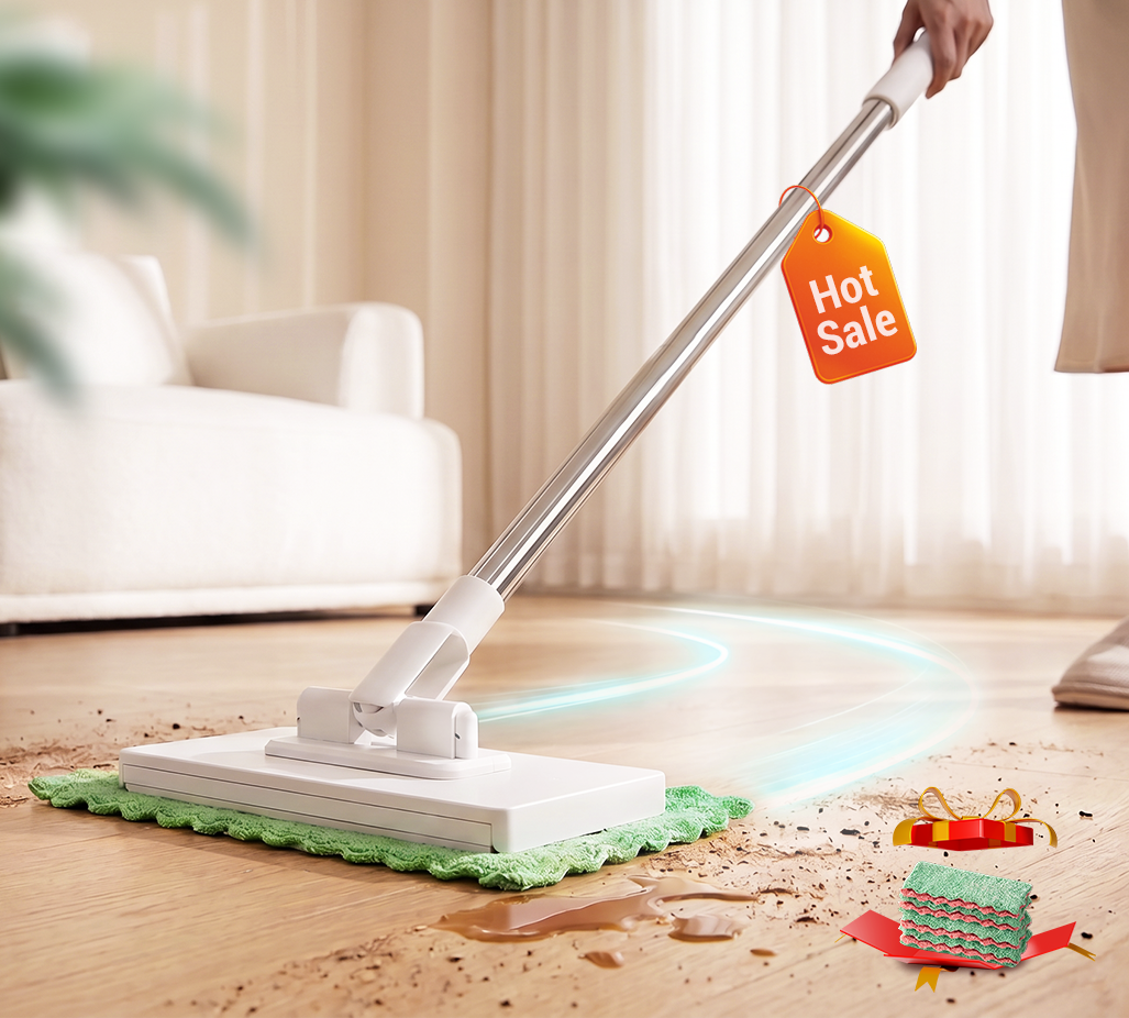 Universal clip-on flat dust mop cleaning a hard floor