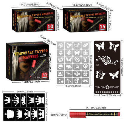 Cosmetic Grade Temporary Tattoo Markers for Skin, 10/15/30 Vibrant Colors Flexible Brush Tip Pens, 30 Colors+12 Stencils, High Detail, Face Makeup Halloween, None Toxic, Office Stationery Writing Tool
