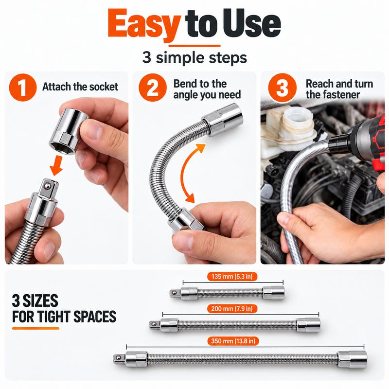 1/2 Inch 35cm Multifunctional Socket Wrench Set - 3 Bendable Shafts, Wrench Extender, Connecting Rod - Work Tools, Cars Accessories, Car Stuff, Field Mechanic Tools