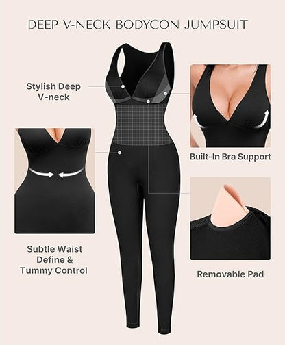 🎉Last Day Promotion 49% OFF💞Deep V Shapewear with Chest Support Breathable High-Waisted Tummy Control Jumpsuit