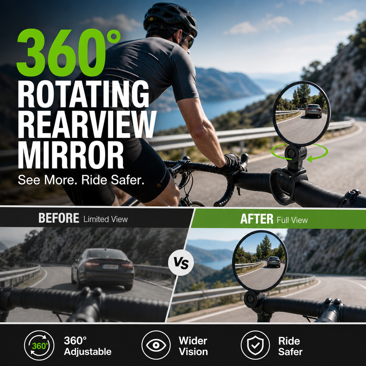 ⏳🔥LIMITED-TIME 50% OFF! ⏰360° Rotating Rearview Mirror – Clear view behind, no more neck twisting. Fits bikes, e‑bikes & motorcycles. Tool‑free silicone strap! 🛡️✨