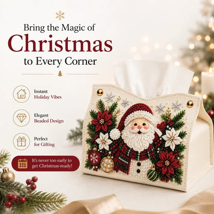 🎄✨ Decorative Beaded Christmas Tissue Box Cover – Elegant Santa, Snowman & Reindeer Holiday Decor