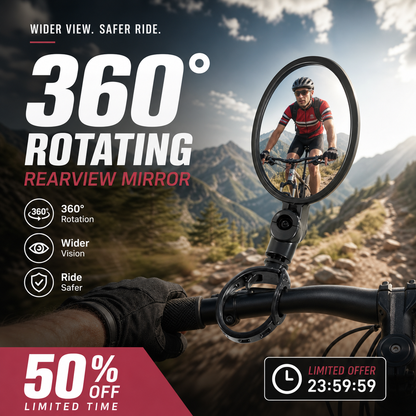 ⏳🔥LIMITED-TIME 50% OFF! ⏰360° Rotating Rearview Mirror – Clear view behind, no more neck twisting. Fits bikes, e‑bikes & motorcycles. Tool‑free silicone strap! 🛡️✨