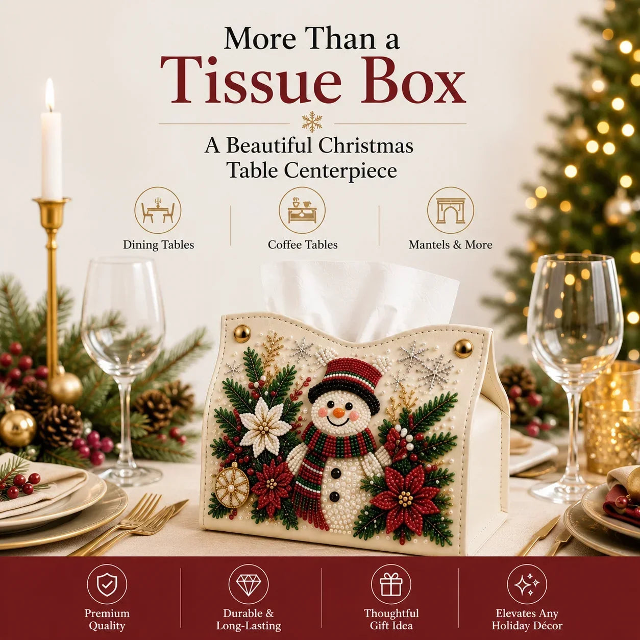 🎄✨ Decorative Beaded Christmas Tissue Box Cover – Elegant Santa, Snowman & Reindeer Holiday Decor