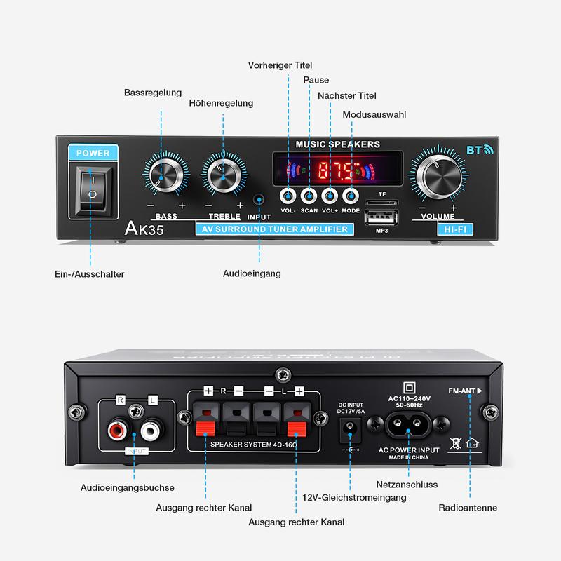 Audioverstärker 2-Kanal 600W Mini HIFI Digital Bluetooth Verstärker mit FM-Radio