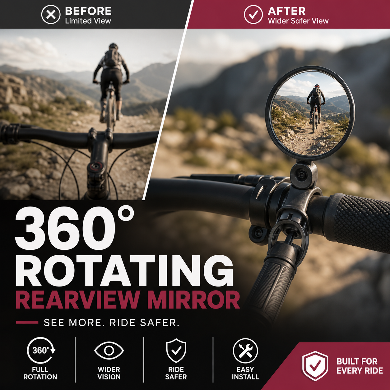 ⏳🔥LIMITED-TIME 50% OFF! ⏰360° Rotating Rearview Mirror – Clear view behind, no more neck twisting. Fits bikes, e‑bikes & motorcycles. Tool‑free silicone strap! 🛡️✨