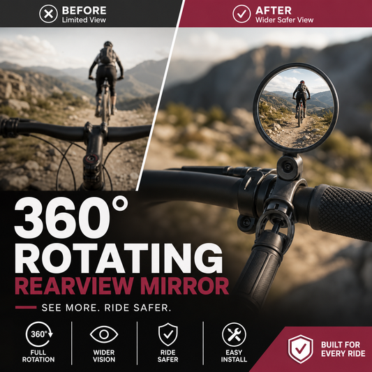 ⏳🔥LIMITED-TIME 50% OFF! ⏰360° Rotating Rearview Mirror – Clear view behind, no more neck twisting. Fits bikes, e‑bikes & motorcycles. Tool‑free silicone strap! 🛡️✨