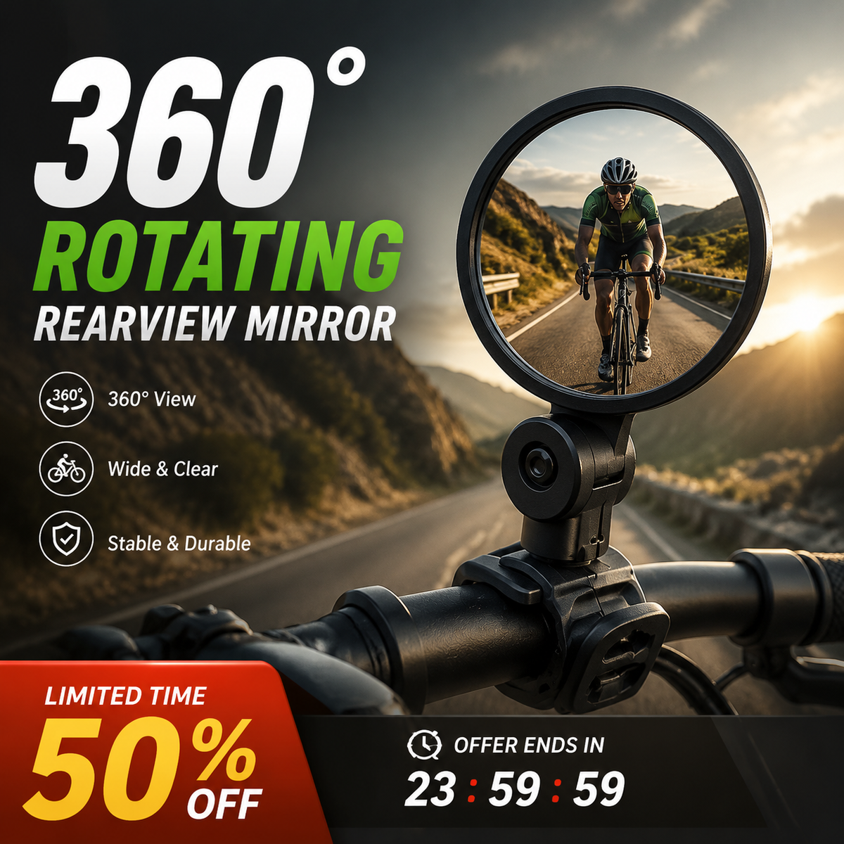 ⏳🔥LIMITED-TIME 50% OFF! ⏰360° Rotating Rearview Mirror – Clear view behind, no more neck twisting. Fits bikes, e‑bikes & motorcycles. Tool‑free silicone strap! 🛡️✨