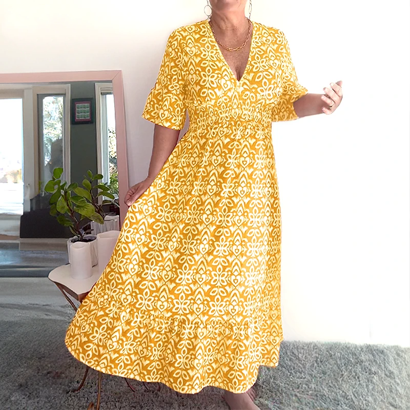 💥Limited time special price ￡13.99!💐✨Bohemian casual print V-neck waist wrap long dress