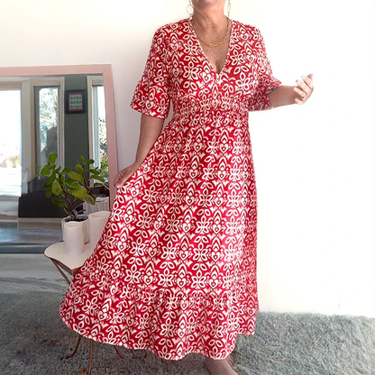 💥Limited time special price ￡13.99!💐✨Bohemian casual print V-neck waist wrap long dress