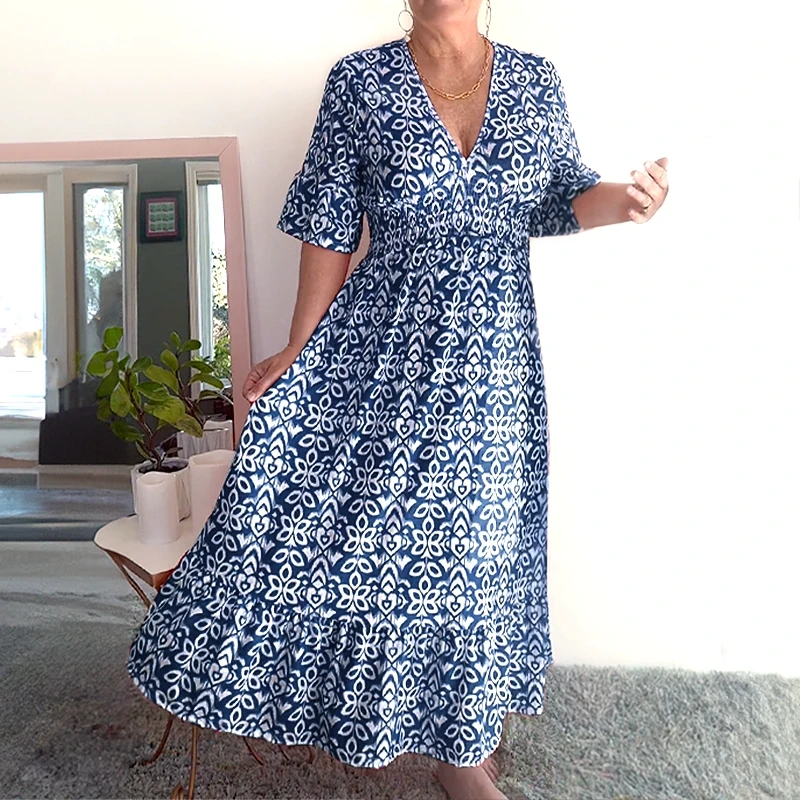 💥Limited time special price ￡13.99!💐✨Bohemian casual print V-neck waist wrap long dress