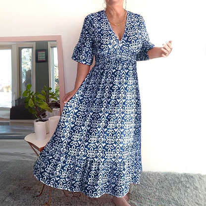 💥Limited time special price ￡13.99!💐✨Bohemian casual print V-neck waist wrap long dress