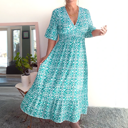 💥Limited time special price ￡13.99!💐✨Bohemian casual print V-neck waist wrap long dress