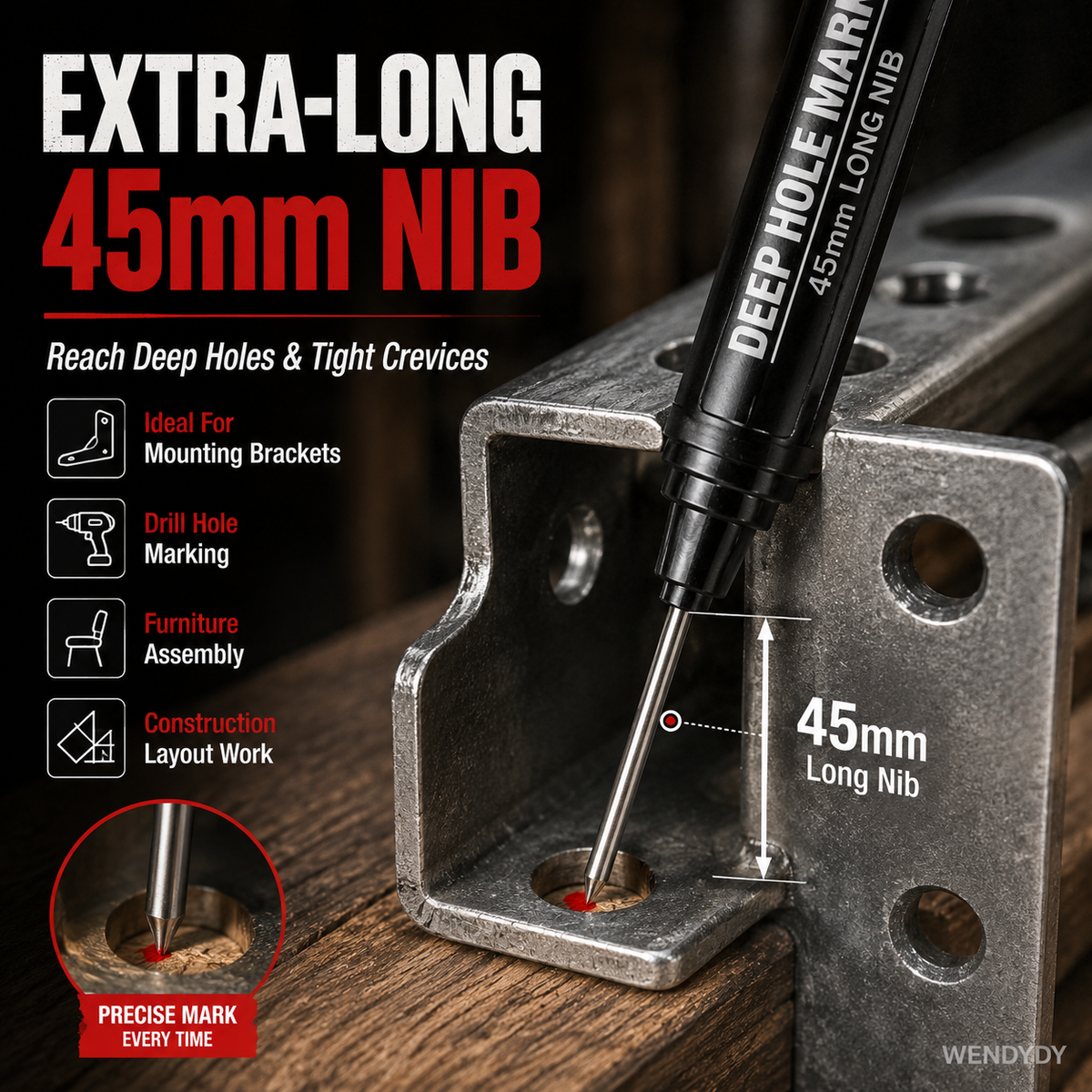 ✏️ Deep Hole Marker – 45mm Extra-Long Nib for Hard-to-Reach Marking