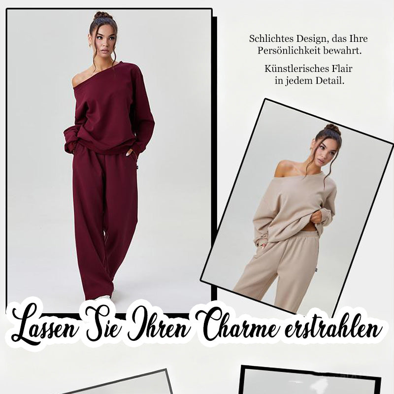 ✨ LAST DAY SALE 50% OFF ✨ Women's casual outfit with solid color slanted shoulder long-sleeved blouse & wide-leg trousers