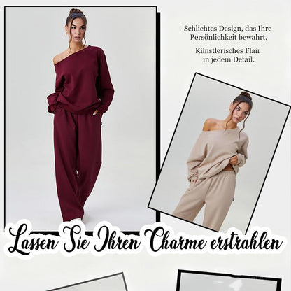 ✨ LAST DAY SALE 50% OFF ✨ Women's casual outfit with solid color slanted shoulder long-sleeved blouse & wide-leg trousers