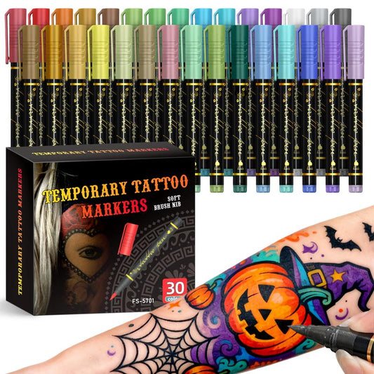 Cosmetic Grade Temporary Tattoo Markers for Skin, 10/15/30 Vibrant Colors Flexible Brush Tip Pens, 30 Colors+12 Stencils, High Detail, Face Makeup Halloween, None Toxic, Office Stationery Writing Tool