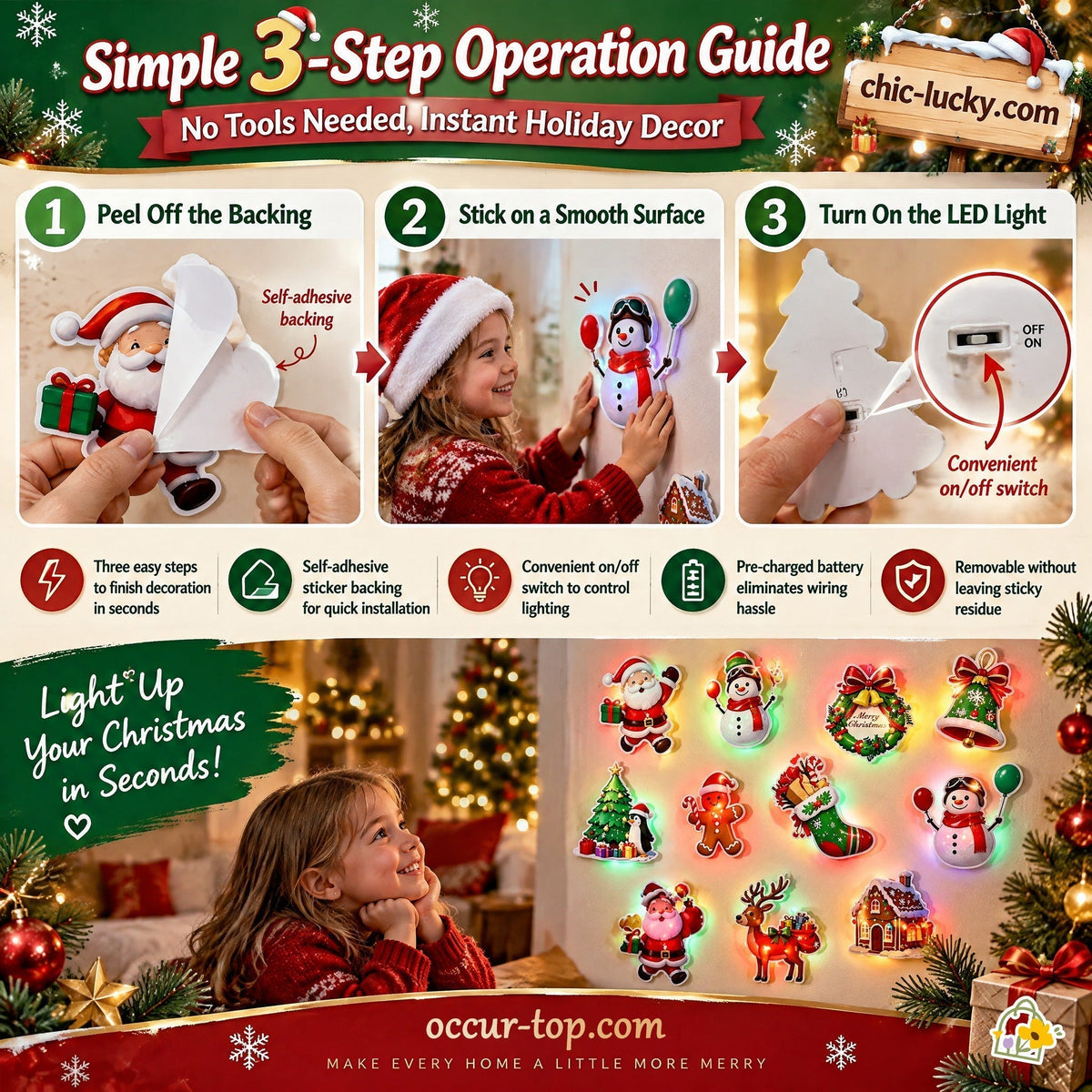 🎄50% OFF NOW! LED Christmas Light-Up Wall Decals, Battery Powered Peel and Stick Glowing Xmas Stickers, Luminous Window Wall Decor, Holiday Party Ornaments & Christmas Gift