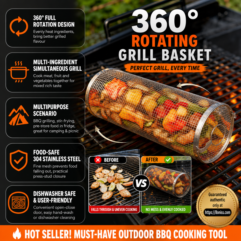 🔥🍖 Limited Time BBQ Deal – 360° Rolling Grilling Basket | Non-Stick Rotisserie Grill Basket for Meat, Vegetables & More