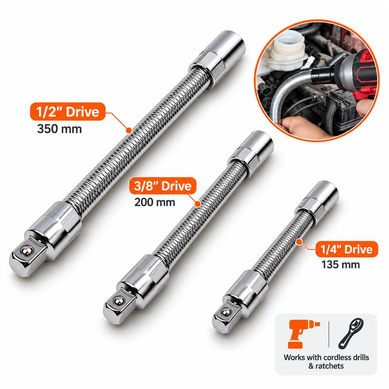 1/2 Inch 35cm Multifunctional Socket Wrench Set - 3 Bendable Shafts, Wrench Extender, Connecting Rod - Work Tools, Cars Accessories, Car Stuff, Field Mechanic Tools