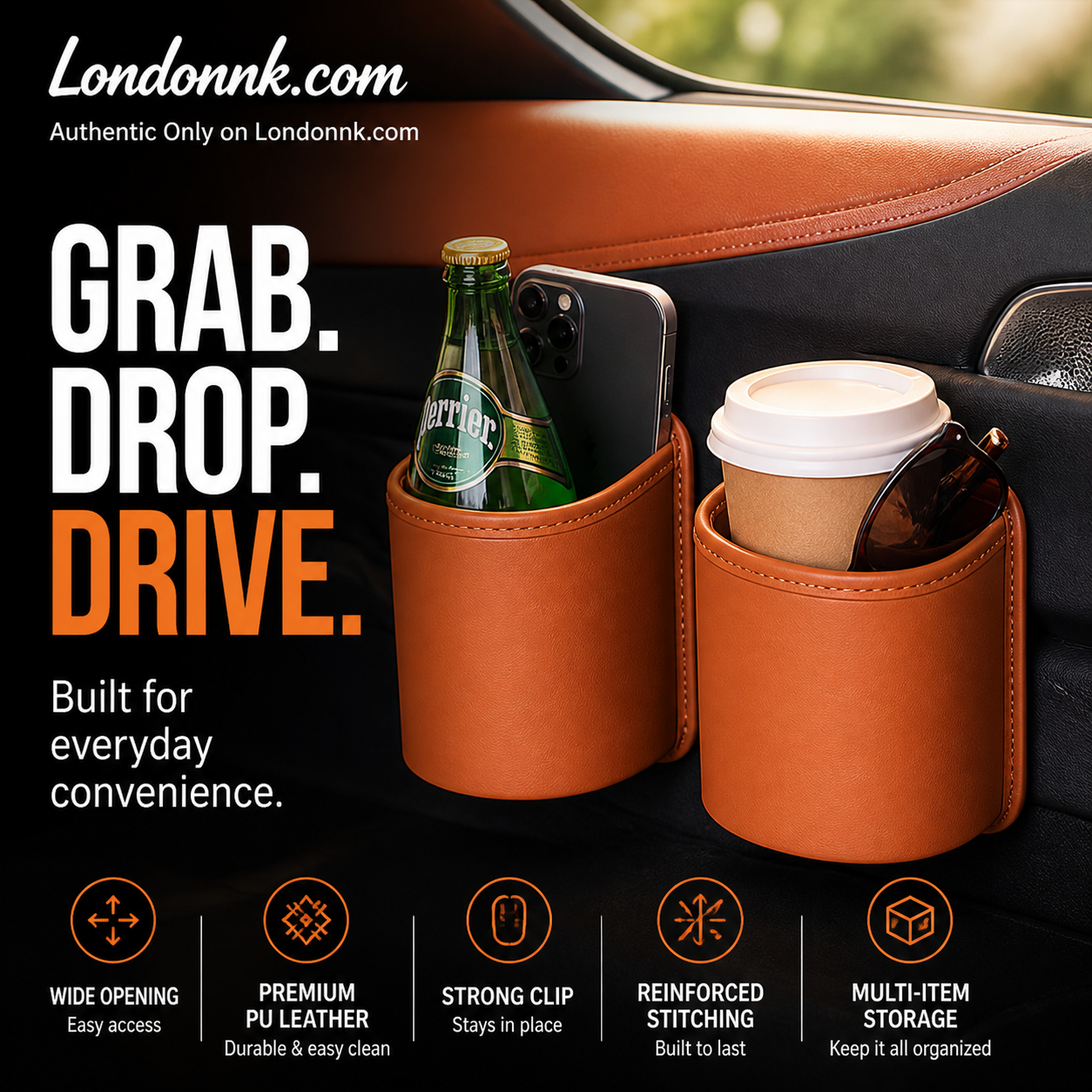 🥳2026 HOT SALE🥳💞50K+ SOLD!🚗🧺 50% OFF! Leather Car Door Cup Holder – Wide‑mouth opening, easy reach for drinks & phone. Clip‑on secure fit. PU leather, tough & stylish. 🛡️✨