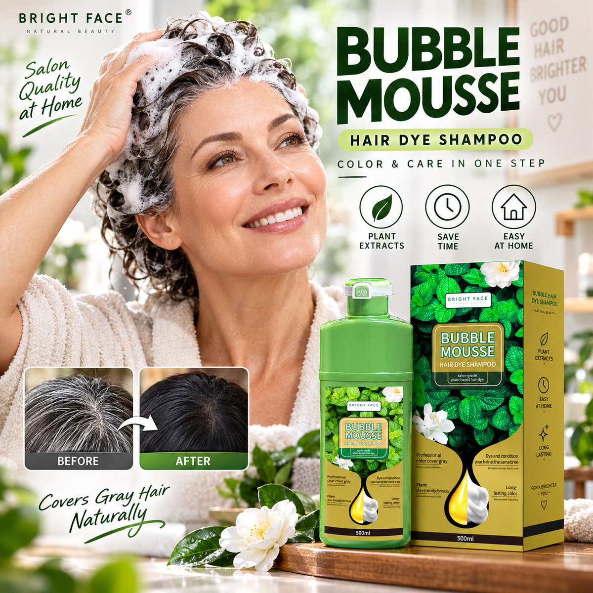 💈50% OFF NOW! Long-Lasting Plant-Based Foam Hair Dye, Bubble Mousse Hair Dye Shampoo, Easy At-Home Hair Color, Gentle Formula for Gray Hair Coverage