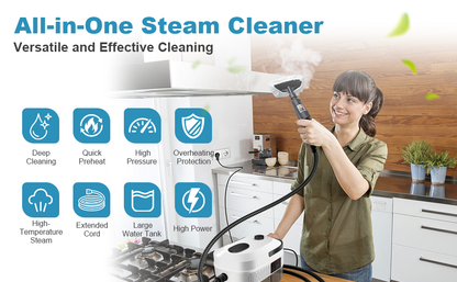 Handheld Steam Cleaner, 2500W High-Powered, Heats Up in 15 Seconds, Multi-Function Steam Cleaner, 3 Temperature Settings, 32-Ounce Pressurized Deep-Cleaning Steam Cleaner, Comes with 10 Accessories, Suitable for Windows, Grease, Cars, and Home Use