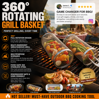🔥🍖 Limited Time BBQ Deal – 360° Rolling Grilling Basket | Non-Stick Rotisserie Grill Basket for Meat, Vegetables & More