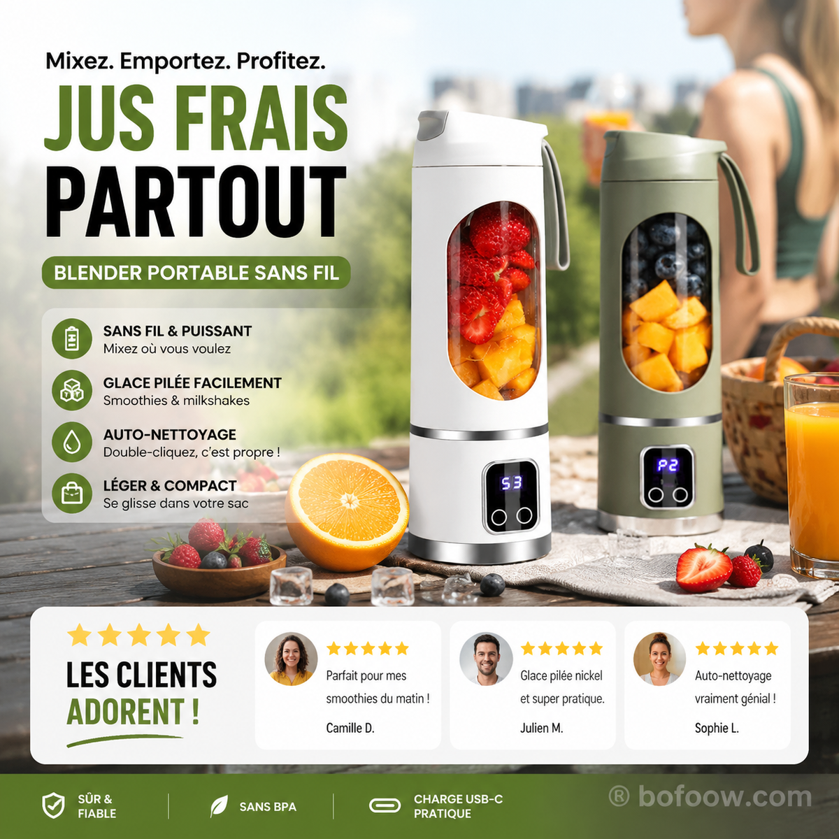 🍊🥤 450 ml Portable Cordless Blender | Digital LED Display, Dual Lid & 30-Second Blend
