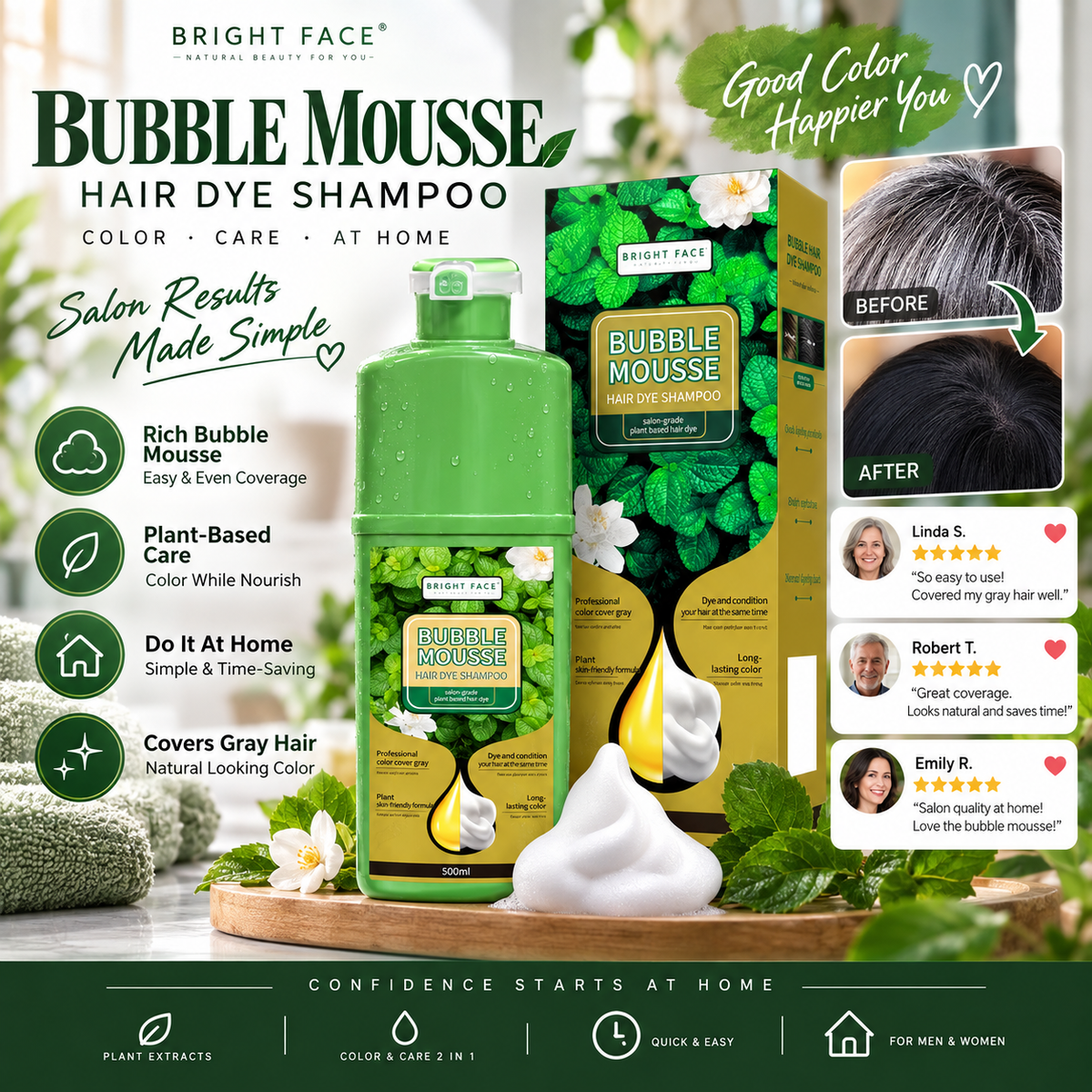 💈50% OFF NOW! Long-Lasting Plant-Based Foam Hair Dye, Bubble Mousse Hair Dye Shampoo, Easy At-Home Hair Color, Gentle Formula for Gray Hair Coverage