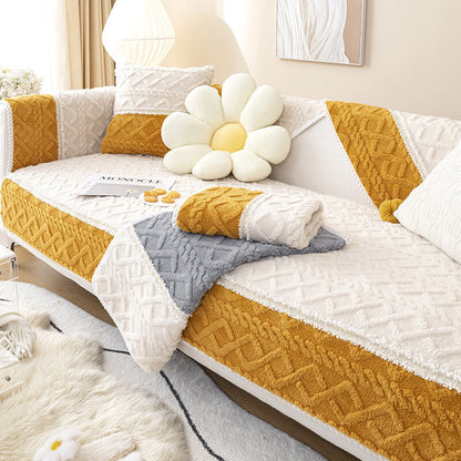 Solid Color Cotton Velvet Sofa Cover, Quilted Simple Modern Sofa Cover, Anti-Slip Sofa Cushion Cover for Home Living Room & Bedroom