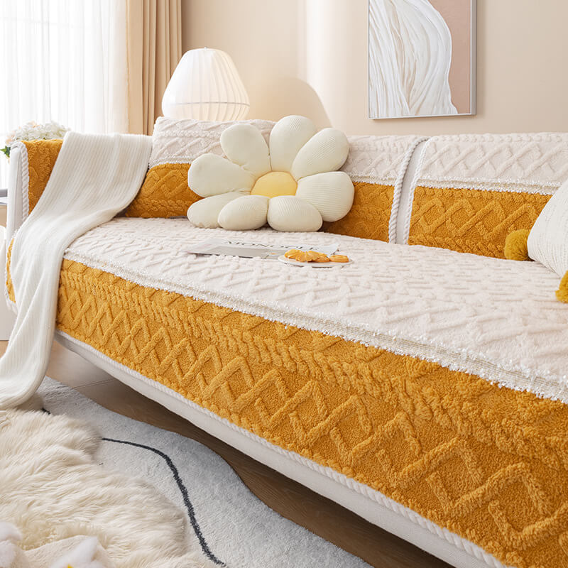 Solid Color Cotton Velvet Sofa Cover, Quilted Simple Modern Sofa Cover, Anti-Slip Sofa Cushion Cover for Home Living Room & Bedroom