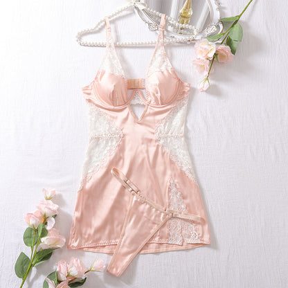 Sexy spaghetti strap lace dress with thong in two-piece set