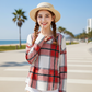 Women's Plaid Hooded Long Sleeve Drawstring V Neck Shirts
